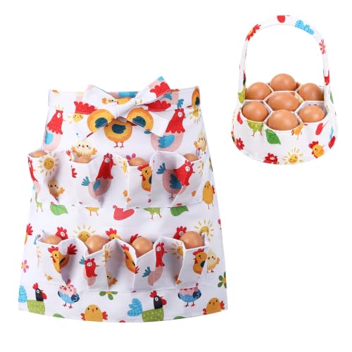 Egg Collecting Apron and Basket, 8 Pouches Chicken Egg Apron for Kids, 7 Pouches Egg Basket for Gathering Fresh Eggs - color: White
