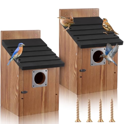Dreyoo Bluebird Houses for Outside, 1-1/2” Entrance Hole Wooden Bird Houses for Outdoor with Metal Predator Guard, Secure Latch, Fledgling Grooves, Air Vents(Black Roof, Burnt Wood Body) - color: Black Roof, Burnt Wood Body