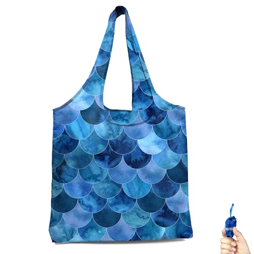 BeeGreen Reusable Grocery Shopping Bag -Travel Tote Bag - Foldable Compact Sturdy Bags - color: Blue Mermaid Scale, style: Standard Extra Large
