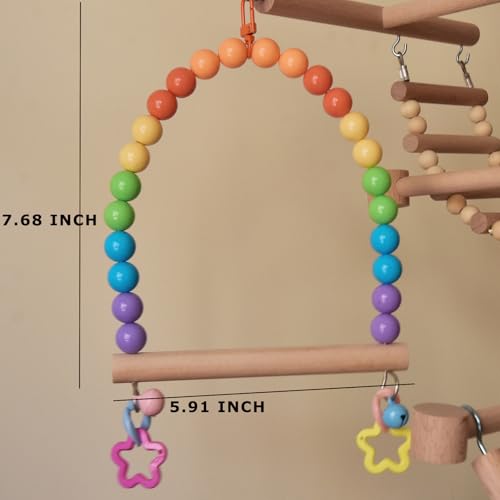 Bird Cage Swings Perch Cockatiels Parrot Hanging Chewing Beads Bell Toys | Parakeets Birdcage Wood Stands, Rainbow Color Acrylic Bead, Climbing Training Set for Lovebirds Conures Budgies - color: Rainbow