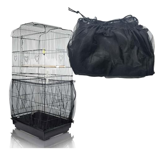 Bird Cage Seed Catcher, Large Bird Cage Cover, 75-118'' Universal Adjustable Birdcage Cover Skirt Soft Airy Nylon Mesh Net for Parakeet Macaw African Round Square Cage, Black - color: Black