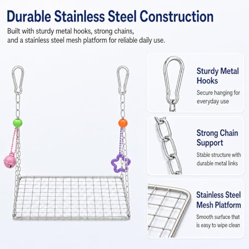 Bird Swing for Parakeets – Durable Stainless Steel Hanging Bird Perch Toy, Fits Bird Cages, Compatible with Budgies, Lovebirds, Cockatiels, 8 × 6 in (Square S) - size: Square S