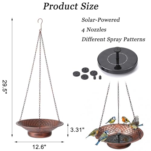 12.6" Hanging Solar Bird Bath, Birdbath Fountain Solar Power, Metal Bird Bath for Outside Hanging, Hanging Bird Fountain for Garden, Patio, Lawn Decor, Bronze - color: Bronze