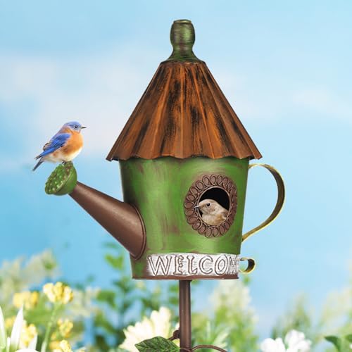 BAYN 57” Metal Bird House Stake for Outside Decorative | Kettle Design, Double-hole, Easy Assembly, Cleaning Door, Sturdy Wild Birdhouse on 5 Pronged Garden Stake Pole - style: Kettles