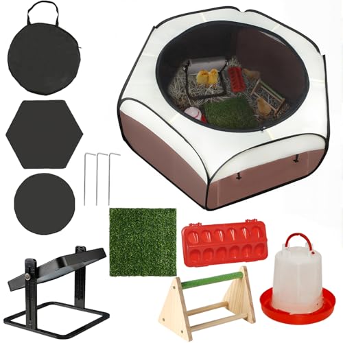Brooder Box for Chick Starter Kit - 2026 Upgrade Dual Door Chicken Brooder Pen/Playpen/Tent with 10*10 in Brooder Heating Plate,Nesting Pad,Chicks Feeder＆Waterer,Chick Perch Up to 15 Chicks,Duck - color: brown 1