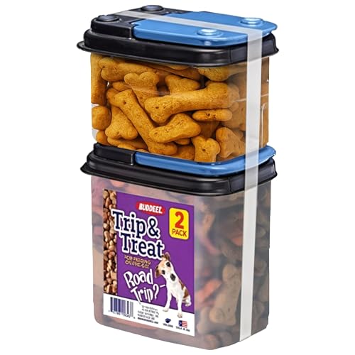 Buddeez Trip and Treat - Pet Food Storage with Flip Lid - Stackable BPA Free Treat Containers - Travel Food Dispenser for Pets - 1QT and 0.6QT