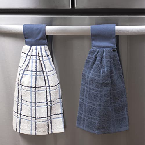 Ritz Premium 100% Cotton Solid and Multi Check Kitchen Tie Towel Absorbent, Super Soft, and Fast Drying Hang Towel, Set of Three, Federal Blue - color: Federal Blue, size: Solid & Multi Check - 3 Piece