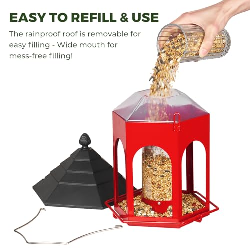 Kingsyard Metal Bird Feeder for Outdoors Hanging, 3 lbs Seed Feeder, Wild Bird Feeders for Garden Cardinal Finch Bluebird, Easy to Fill & Clean, Red - color: Red