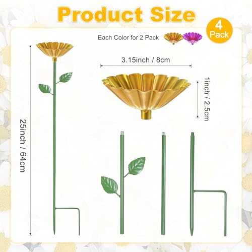 M METERXITY 4-Pack Bee Watering Station, 64cm/25 Inch Iron Bee Bath for Garden Water Feeder, Colorful Butterfly Bath Bowl for Outdoor/Garden/Yard Decor [Yellow/Rose Red] - color: Yellow, magenta