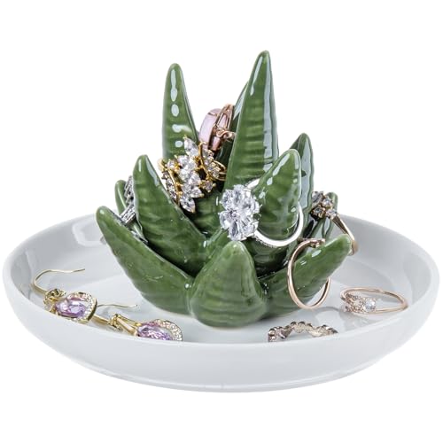 MyGift Decorative White Ceramic Ring Tray for Jewelry, Ring Cone and Trinket Tray with Raised Heart Design (Ceramic Aloe) - color: Ceramic Aloe