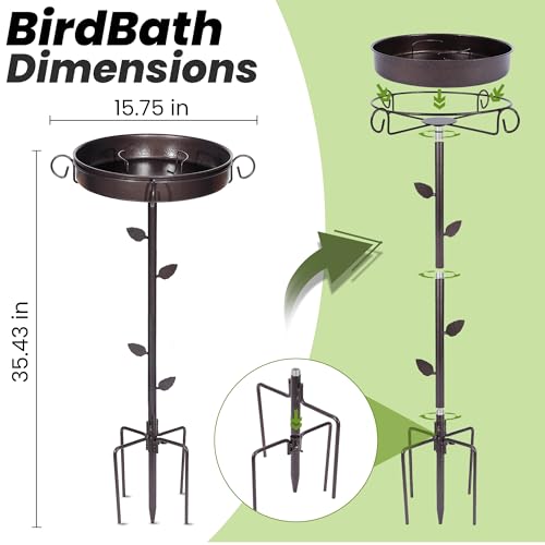 35 Inch Metal Bird Bath for Outside, 12 Inch Bowl, 5-Prong Base | Bathing and Feeding Station, Freestanding Design, Attracts Wild Birds to Patios, Lawns and Gardens - size: bird bath