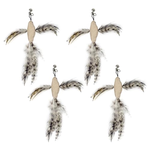 TTcat 4 Pack Linen Bird Cat Wand Refills, Natural Feather Detachable Replacement Toy Heads with Bell, Universal Lobster Clip-on Cat Teaser Attachments, Indoor Kitten Hunting Boredom Relief Prey Toy. - color: 4Pcs Flying Birds