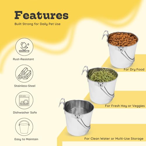 4 Quart Stainless Steel Flat Sided Bucket with Dual Hooks | 2 Pcs Durable Food & Water Bowl for Dogs Cats Goat & Livestock | Fits kennel Cage Critter Crate Hanging Pet Pail | Multipurpose - size: 4 Quart (Pack of 2)