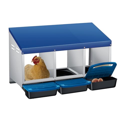 3 Hole Chicken Nesting Boxes, Weatherproof Galvanized Steel Chicken Egg Laying Box with Automatic Rollout Egg Collection, 2-in-1 Handle Perch, Easy Clean & Quick Assemble for Chicken Coop - color: Blue, size: 3 holes