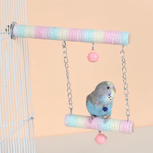 Parrot Swing A Standing Pole, Colorful Cotton Rope Wooden Swing with Metal Chain and Clasp（1Pcs）