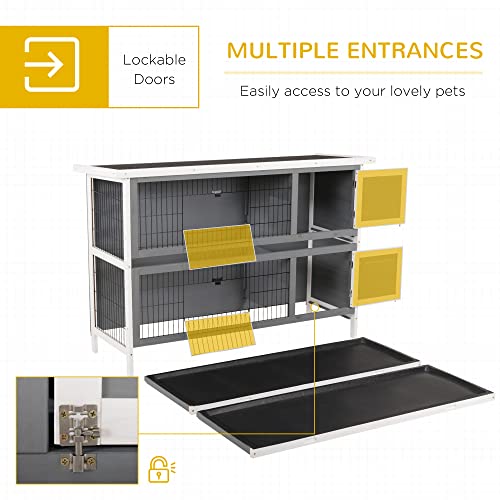 PawHut 54" 2-Story Large Rabbit Hutch Bunny Cage Wooden Pet House Small Animal Habitat with Lockable Doors, No Leak Tray and Waterproof Roof for Outdoor/Indoor Dark Grey | Wooden Pet House, Small Animal Habitat, No Leak Tray, Waterproof Roof, for Chickens