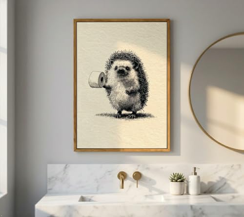 Floating Framed Funny Bathroom Canvas Wall Art, Hedgehog Holding Toilet Paper Painting Picture Wall Decor, Vintage Cute Animal Sketch Poster Print Artwork for Restroom, Home Decoration 8x10in - color: Bathroom Hedgehog, size: 10"L x 8"W