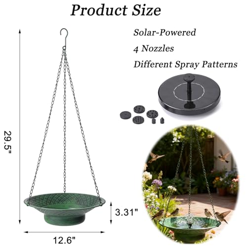 Hanging Bird Bath with Solar Fountain, 12.6" Solar Powered Bird Bath, Metal Hummingbird Fountain Bird Bath for Garden, Patio, Lawn Decor, Green - color: Green