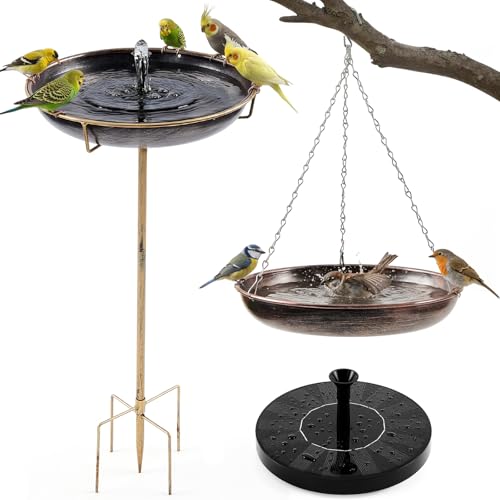 Glooglitter 32" H*12" W Bird Bath with Solar Fountain Fountain Hanging & Freestanding 2 in 1 Outdoor Garden Decor Metal Ground Stake with Solar Pump for Birds Patio Yard 1 Gallon Antique Bronze