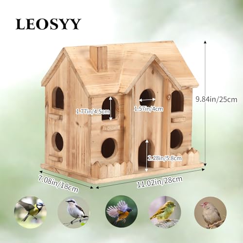 10-Hole Wooden Bird House for Outside, Hanging Birdhouse | Cedar wood backyard birdhouse for small wild birds, ready to hang with entry holes and 11 x 7 x 9 in size