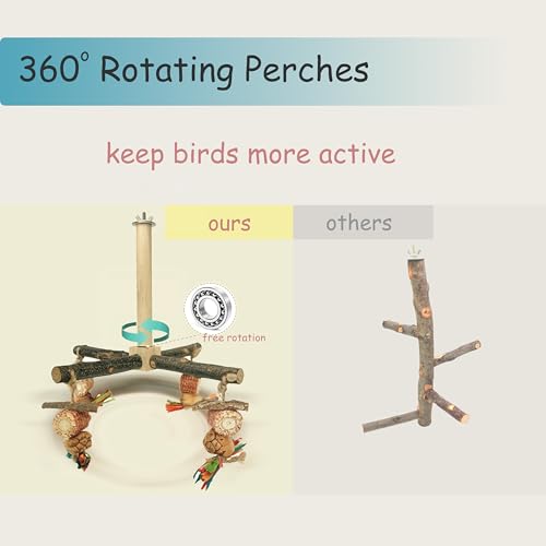 Bird Perch 360° Rotating Perch with Natural Chew Toys - Spinning Bird Toys Cage Accessories- Parrot Wooden Stand for Small and Medium Birds (Parakeets, Budgies, Cockatiels, Conures, Finches)