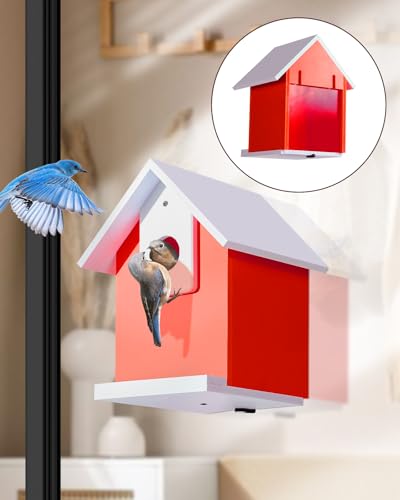 Water Proof Window View Bird House for Outside with 2 Powerful Hooks,Vinyl Birdhouse for Viewing Inside, Multifunctional Entrance For Various Birds 1.25" + 1.5" Hole, 10 Years Performance (Red）