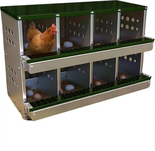 Chicken Nesting Box, 8 Compartment Metal Nesting Box, Wall Mountable Nesting Boxes with Swing Perch and Roll Away Egg Collection, Vented Holes, 8 Training Eggs Included - color: Green