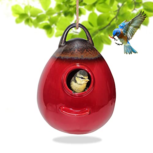 Kimdio Birdhouse Ceramic Hanging Birdhouses Bird Hut Hanging Outdoor Birdhouse for Wild Birds, Finch, Cardinal, and Bluebird - Red - color: a - Red