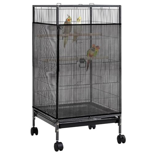 Large Bird Cage Seed Catcher 31 x 118 inches Adjustable Soft Airy Skirt Guard Birdcage Nylon Mesh Net, Birdcage Cover Skirt Seed Guard for Parrot Parakeet Macaw Round Square Cages - color: Black