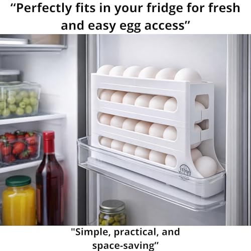Egg Dispenser for Refrigerator, Fits Jumbo Eggs (25 Capacity), 4-Tier Rolling Egg Holder, Holds XL & Medium Eggs, Space Saving Egg Organizer for Fridge, Counter & Pantry