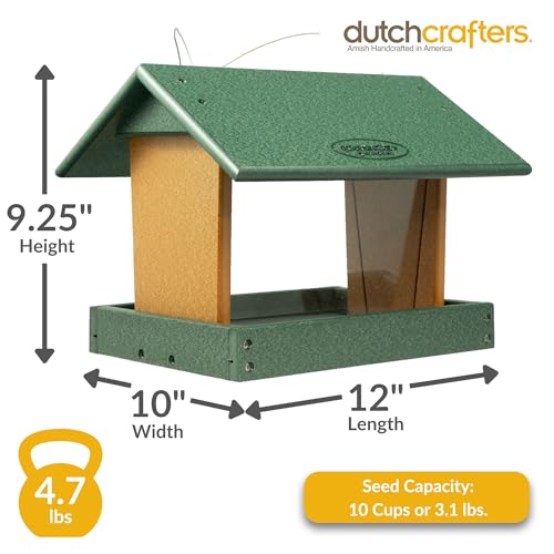 DutchCrafters Poly Hanging Hopper Bird Feeder, Large Hanging Bird Feeder for Outside, Outdoors - Amish American Made (Turf Green & Cedar) - color: Turf Green & Cedar, style: Hanging