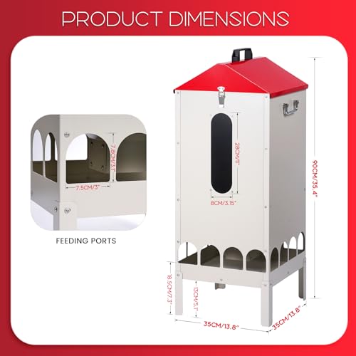 70-85lbs Automatic Chicken Feeder No Waste Gravity Poultry Feeder | Large Capacity Galvanized Chicken Food Dispenser with 16 Ports and Visible Feed-Level, for Duck, Goose,Turkey, Tapered Lid