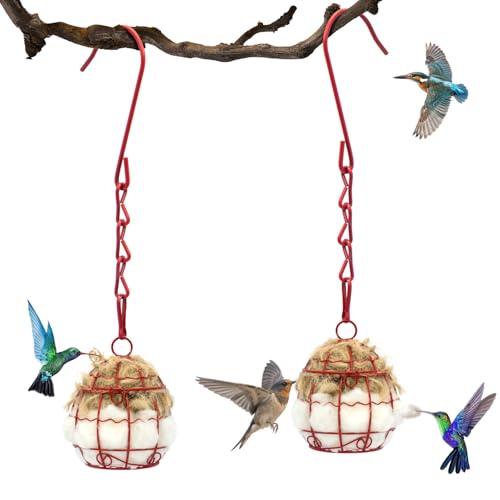 Bird Nesting Material with Wool, 2 Pack Refillable Hummingbird Nesting Material Cage Holder with Natural Cotton for Hummingbird Nest, Gift for Bird Lover, Nesting Balls Birds for Outdoor (Red Cage)