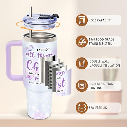 DUUV Christian Tumbler 40oz, Insulated Christian Gifts for Mom Women | Purple Bible Verse Butterfly Tumbler Leakproof, Inspirational Gift for Christians, I Can Do All Things Through Christ, 1 Pack - color: Butterfly Christian
