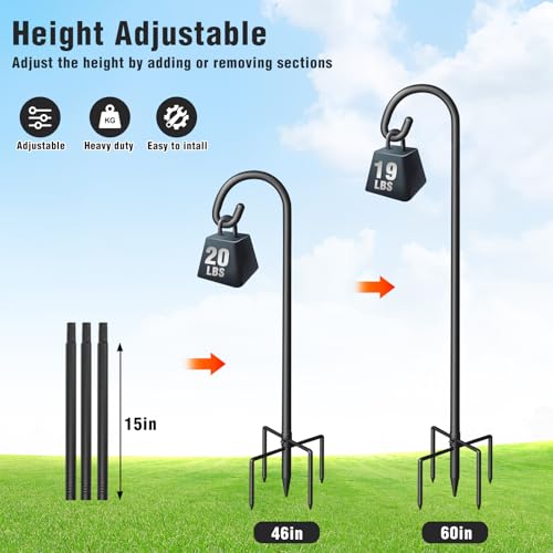 Shepherd Hook for Outdoor, 60" Heavy Duty Bird Feeder Pole with 5 Prong Base, Adjustable Height Bird Feeder Stand Ideal for Hanging Bird Feeders, Plant, and Garden Decorations - size: 60 Inch