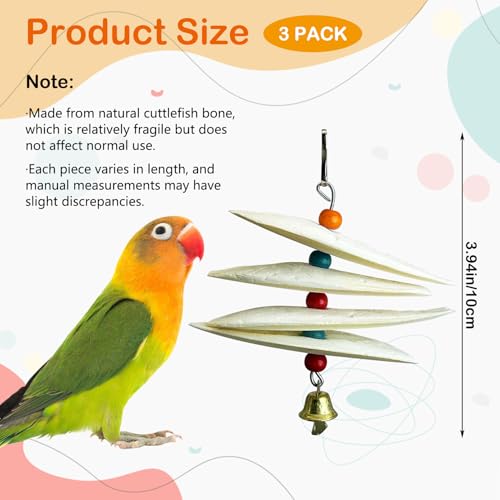 3 Pack Bird Chewing Toy Cuttlebone Parrot Toy with Bell Hanging Bird Beak Grinding Stone Parakeet Cage Accessories for Small Budgies Lovebirds Cockatiels (Flake, 4 Per Skewer) - size: 4 Flake-like