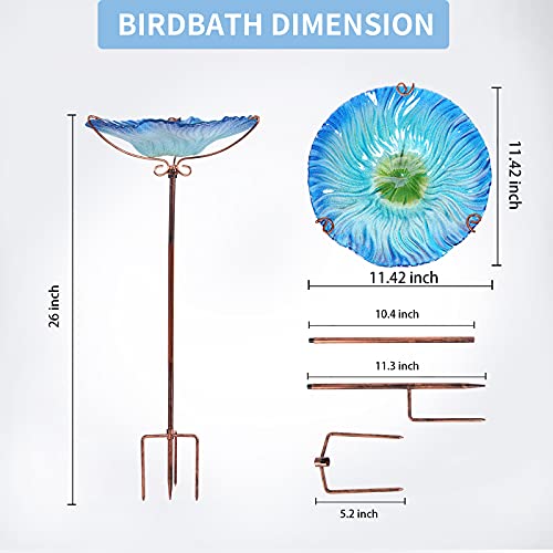 Glass Bird Bath for Outside, Blue Bird Feeder Birdbaths for Oudoors | 26 Inch Blue Bird Baths Combines Garden Decor & Bird Feeder Functions, Stable Four-Prong Stake, Easy to Install and Clean - color: Blue