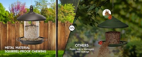 Metal Bird Feeder, Hanging or Ground Outdoor Bird Feeder, Weather Cover, Removable Seed Container and Easy Clean Design- (7x7x7in)