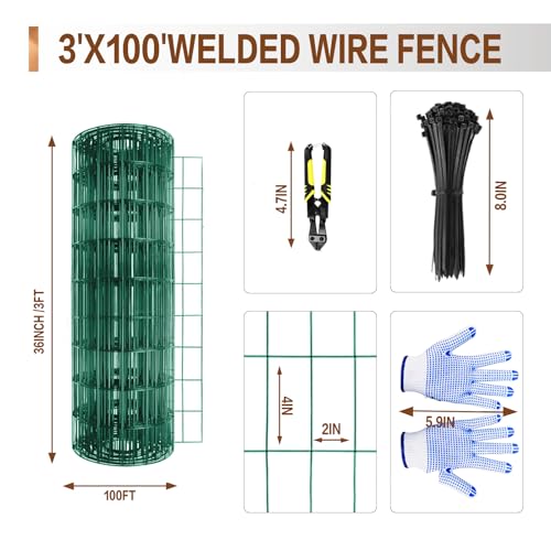 Tongmo 3 ft x 100 ft Green PVC Coated Welded Wire Fence, 16GA Garden Chicken Wire Fence Roll, Mesh Size 2" x 4" Hardware Cloth, Ideal for Yard Protection and Poultry Netting - color: Green, size: 3ft*100ft
