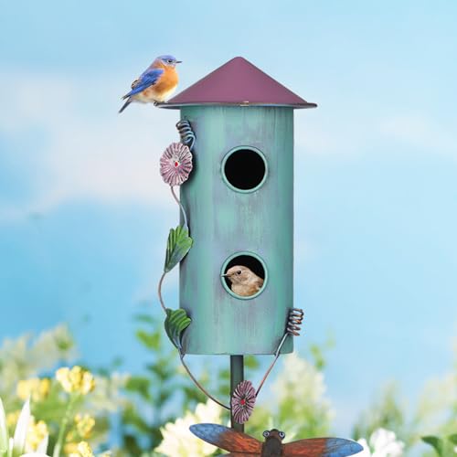 BAYN 57” Metal Bird House Stake for Outside Decorative | Rocket Design, Double-hole, Easy Assembly, Cleaning Door, Sturdy Wild Birdhouse on 5 Pronged Garden Stake Pole - style: Rocket Head