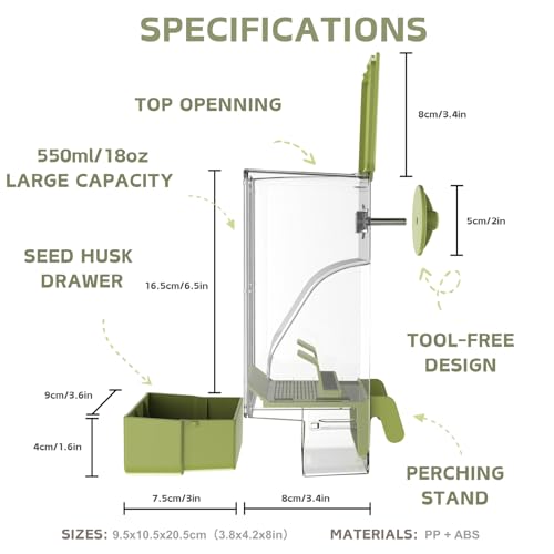 Automatic Bird Feeder, Bird Cage Feeder with Perch for Parakeet Canary Cockatiel Finch (Green) - color: Green