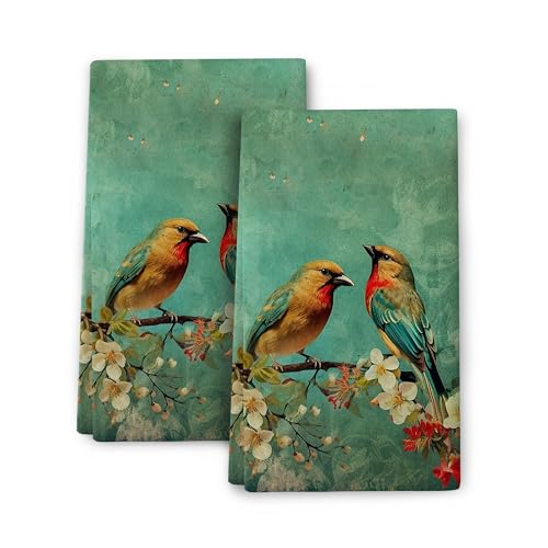 Cute Birds Kitchen Towels Decorative Set of 2 Green Dish Towels | Gifts for Bird Lovers Women, Absorbent Floral Tea Towel Spring Summer Hand Towel for Kitchen Bathroom Bar Farmhouse Decor - color: Cute Birds