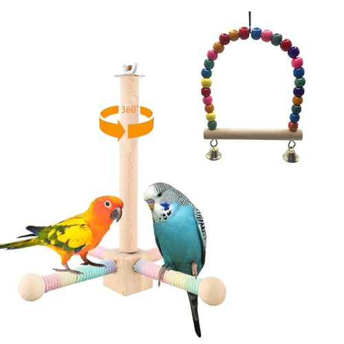 Bird Perch Swing Toy, Bird Stand Toys for Parrots with 360° Spin Function, Hanging Parakeet Birds Cage Accessories Toys, Wooden Birds Activity Gym for Cockatiel Lovebird Budgies