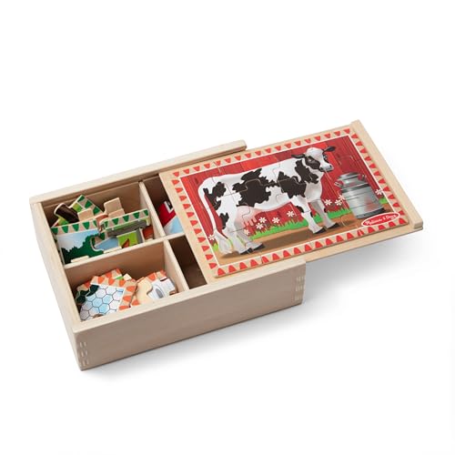 Melissa & Doug 4‑in‑1 Wooden Farm Jigsaw Puzzle Set, 48 Pieces with Storage Box, Toddler Puzzle Toy for Kids Ages 3+ - style: Farm Animals