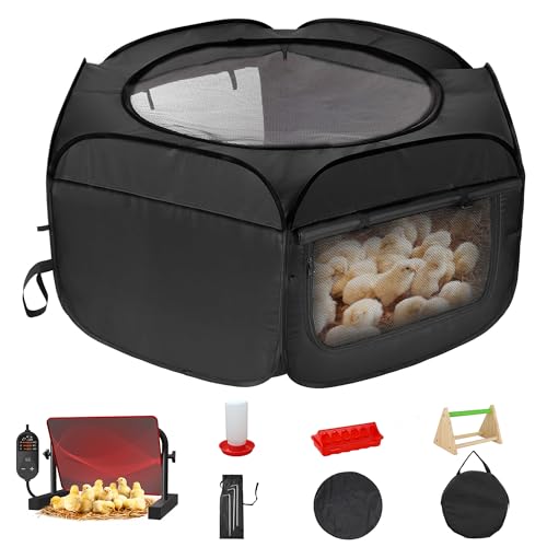 Chick Brooder Box with Chick Heat Plate, 10 ft? Baby Chicks Starter Kit, Large Chicken Cage for Outside, Durable Fabric, Well-Ventilated, Includes Food & Water Feeder, Perch & Waterproof Mat