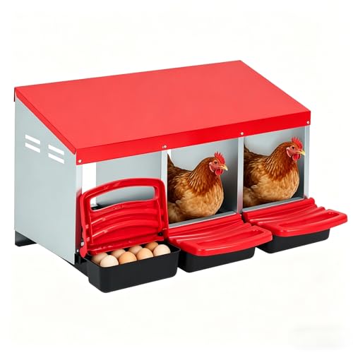 Chicken Nesting Boxes, Metal Chicken Egg Laying Box, Hen Nesting Box with Swing Perch and Rollout Egg Collection for Chicken Coop, Red, 3 Compartments - color: Red with 3 - Slot