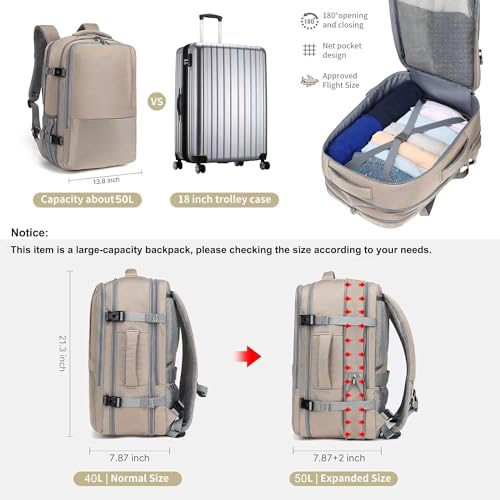 MOLNIA 50L Expandable Travel Backpack for Women Men, Carry On Travel Essentials, Flight Approved Fits 21 Inch Laptop Backpack, Waterproof Business Suitcase Weekender Backpack, Beige - color: Beige With Packing Cubes