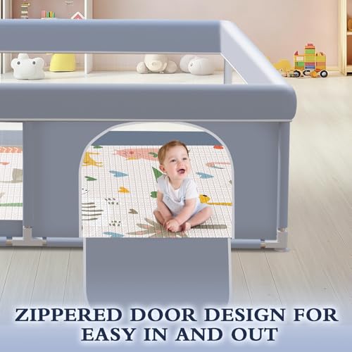 XVISHX 65 x 50 Inch Baby Playpen with Mat, Playpen for Babies and Toddlers, Baby Play Pen Playard for Indoor & Outdoor Active Center Game Fence, Skin-Friendly Fabric and Soft Breathable Mesh, Grey - size: 65 × 50 Inch With MAT
