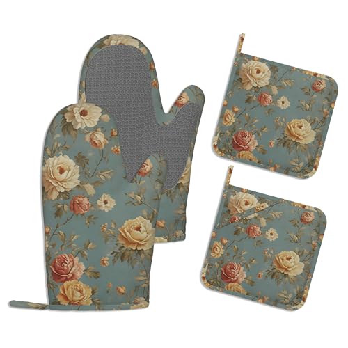 Oven Mitts and Pot Holders Sets,Vintage Rose Flowers Thick Cotton Kitchen Oven Mitt Set,Rustic Floral Waterproof Anti-Slip Silicone Mittens for Baking,Cute Cooking Utensils Set for Bakeries Barbecues - color: Vintage Rose Flowers