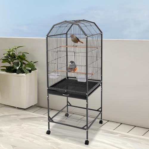 Bird Cage, 18.11 x 18.11 x 53.54 Inch Mobile Bird Flight Cage Large Metal Parakeet Cage w/Slide-Out Tray & Storage Shelf for Budgerigars Lovebirds Kea Parrots & Sun Conures - color: Black, size: 18.1"L x 18.1"W x 53.5"H